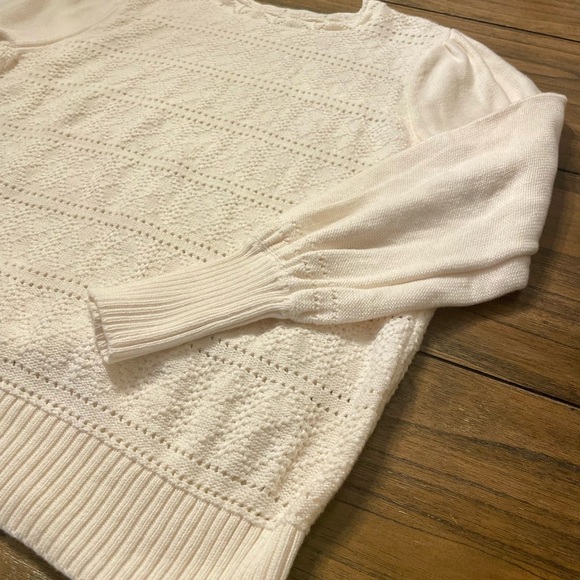 LOFT Dot Stripe Pointelle Ivory Cotton Sweater Size L Scalloped Detail Crewneck - Picture 9 of 9